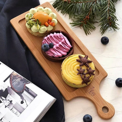 A Mignardises (Petit Four) Serving Set With Bamboo Long Tray And Porcelain Dishes To Match - The Sunflower Store Co