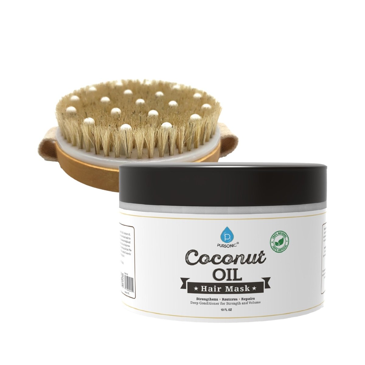 Hair Care and Massage Bundle: Bath Brush and Rubber Massager with Lotus wooden handle + 100% Natural Coconut Oil Hair Mask 10 Oz - The Sunflower Store Co
