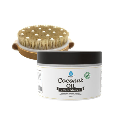 Hair Care and Massage Bundle: Bath Brush and Rubber Massager with Lotus wooden handle + 100% Natural Coconut Oil Hair Mask 10 Oz - The Sunflower Store Co