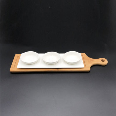 A Mignardises (Petit Four) Serving Set With Bamboo Long Tray And Porcelain Dishes To Match - The Sunflower Store Co