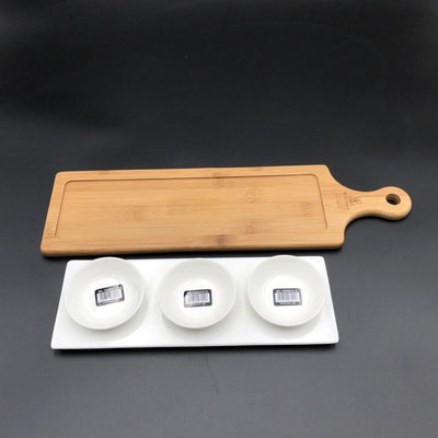 A Mignardises (Petit Four) Serving Set With Bamboo Long Tray And Porcelain Dishes To Match - The Sunflower Store Co