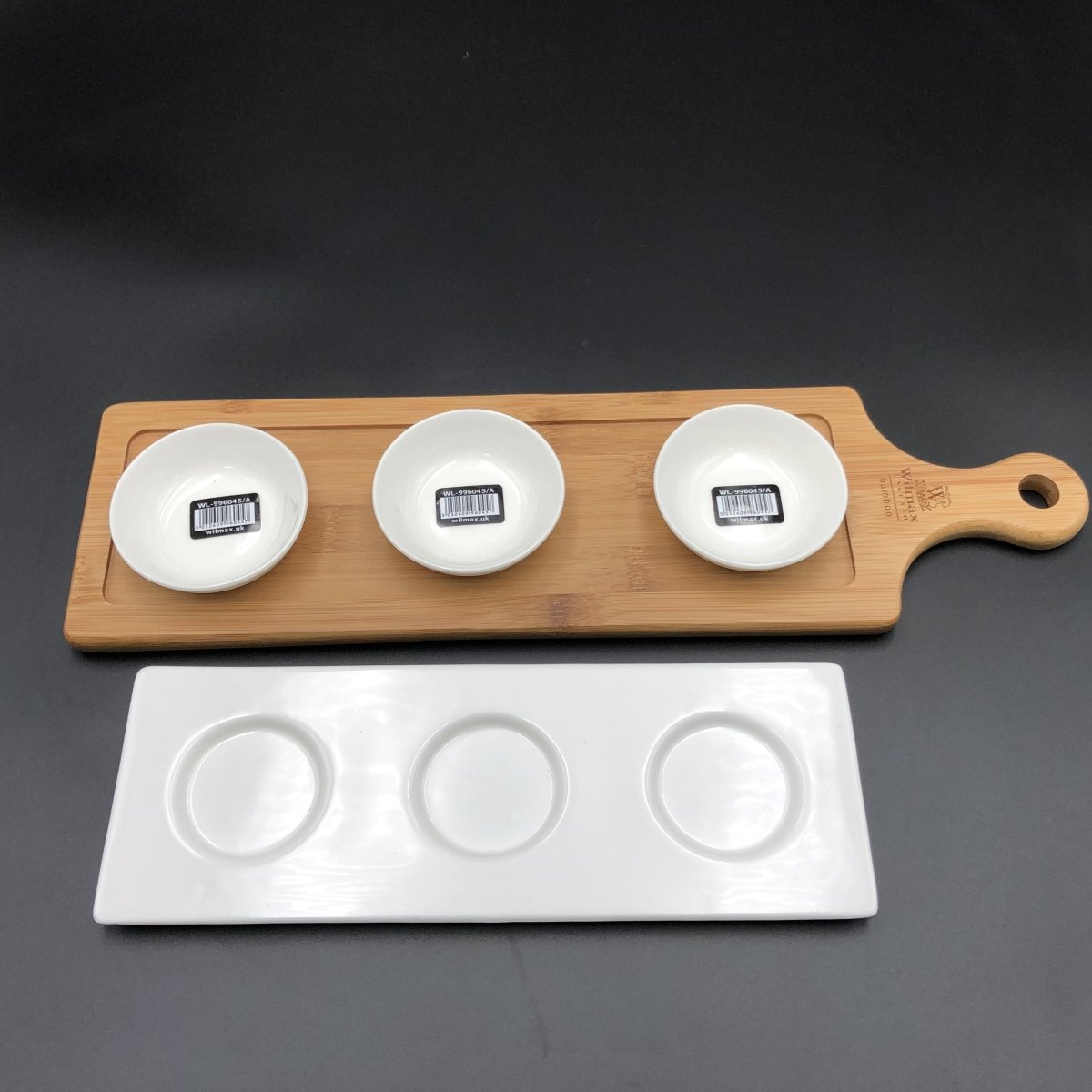 A Mignardises (Petit Four) Serving Set With Bamboo Long Tray And Porcelain Dishes To Match - The Sunflower Store Co