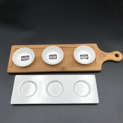 A Mignardises (Petit Four) Serving Set With Bamboo Long Tray And Porcelain Dishes To Match - The Sunflower Store Co