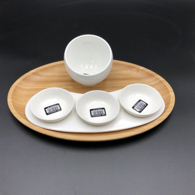 A Mignardises (Petit Four) Serving Set With Bamboo Oval Tray And Porcelain Dishes To Match - The Sunflower Store Co