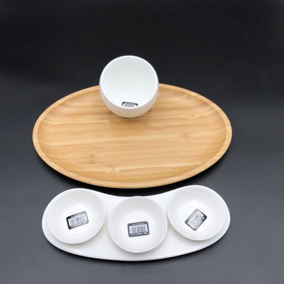 A Mignardises (Petit Four) Serving Set With Bamboo Oval Tray And Porcelain Dishes To Match - The Sunflower Store Co