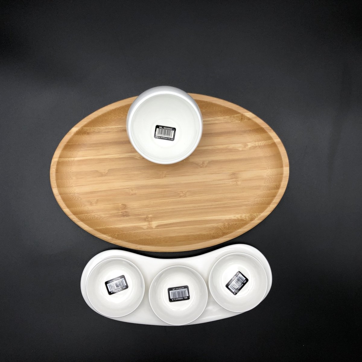 A Mignardises (Petit Four) Serving Set With Bamboo Oval Tray And Porcelain Dishes To Match - The Sunflower Store Co