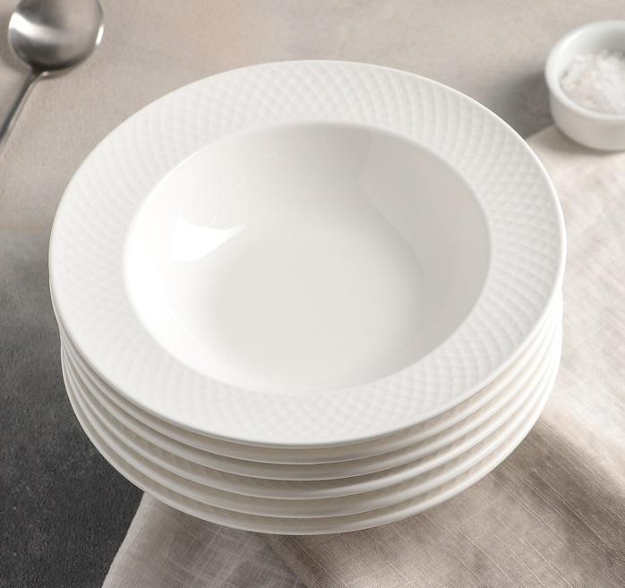 White Porcelain Deep Plate With Embossed Wide Rim 9" inch | For soup, pasta, salad - The Sunflower Store Co