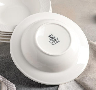 White Porcelain Deep Plate With Embossed Wide Rim 9" inch | For soup, pasta, salad - The Sunflower Store Co