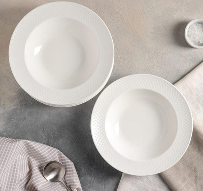 White Porcelain Deep Plate With Embossed Wide Rim 9" inch | For soup, pasta, salad - The Sunflower Store Co