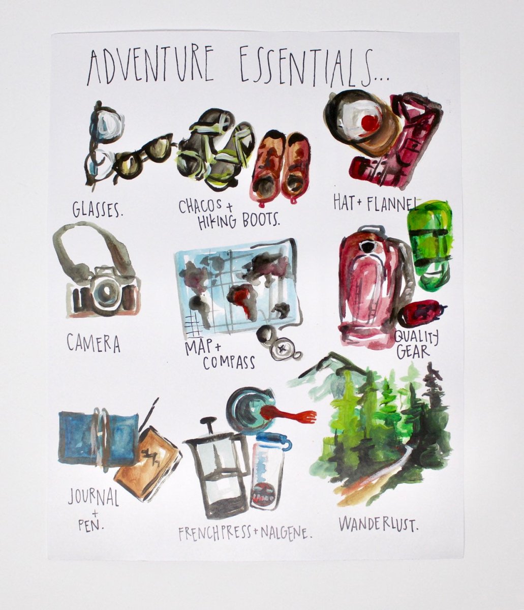 Adventure Essentials Art Print 11x14in, Home Decor, Travel Art, Wall Artwork - The Sunflower Store Co